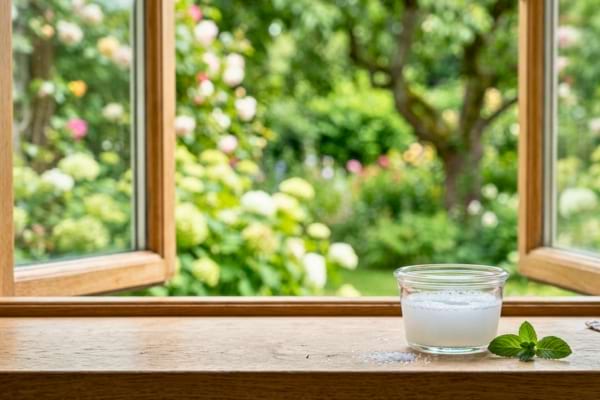 un liquide blanch&acirc;tre pos&eacute; discr&egrave;tement sur le rebord int&eacute;rieur d'une fen&ecirc;tre