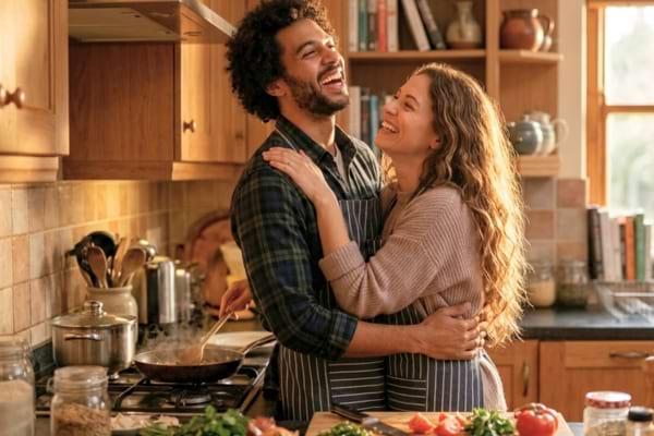 Un couple riant aux éclats en cuisinant ensemble, se tenant par la taille avec tendresse