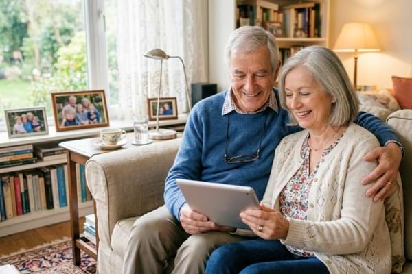 a smiling French senior couple looking at a digital tablet 