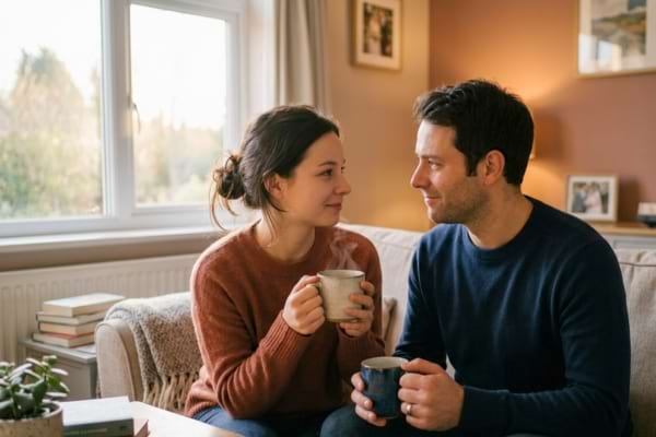 Un couple assis sur un canapé confortable, discutant calmement avec des tasses de thé