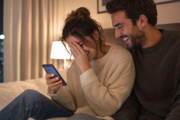 Couple riant avec gêne en découvrant les réactions des internautes sur un smartphone.