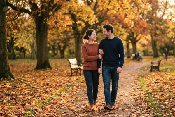 Un couple d'âge moyen se promenant dans un parc en automne, marchant côte à côte