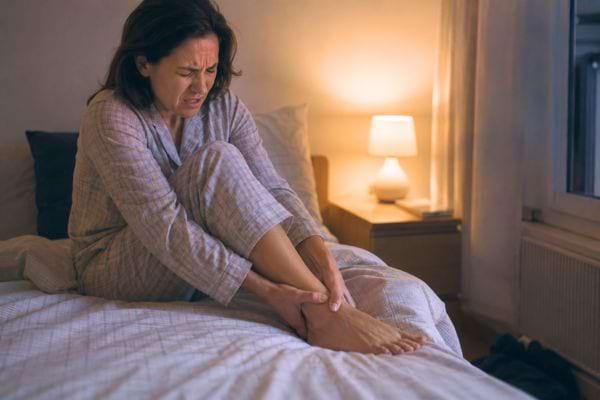 Femme réveillée par une crampe au mollet pendant la nuit