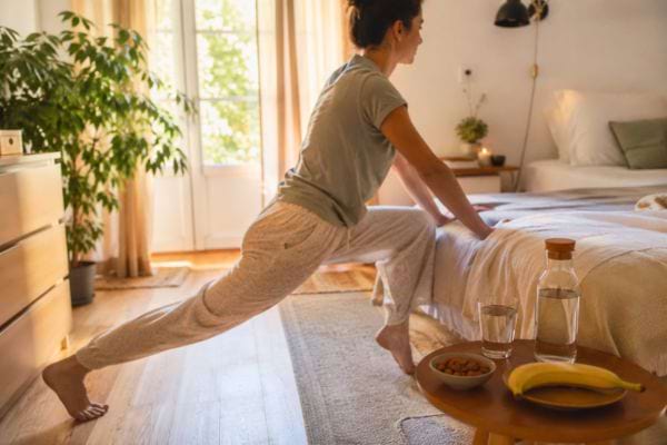 Étirement du mollet avec eau et banane sur une table