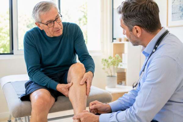 Homme senior consultant un médecin pour des crampes au mollet