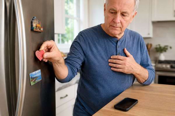 Homme inquiet retirant un magnet de son réfrigérateur