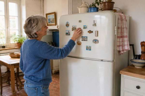 Femme plaçant des magnets sur un vieux frigo blanc