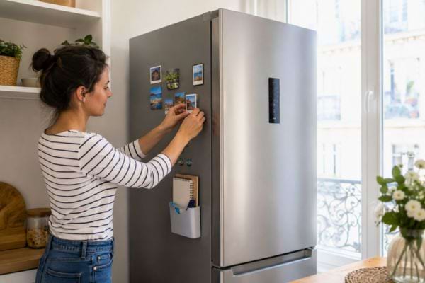 Femme retirant des magnets d’un frigo moderne en inox