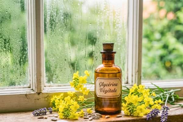 A small vintage amber glass bottle labeled 'Glyc&eacute;rine V&eacute;g&eacute;tale' resting on a rustic wooden table