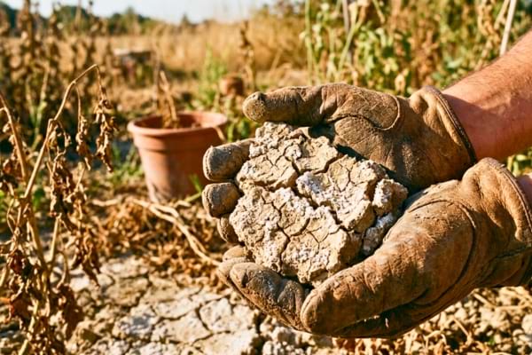 une poignée de terre de jardin extrêmement sèche, craquelée, avec des traces blanchâtres de sel à la surface