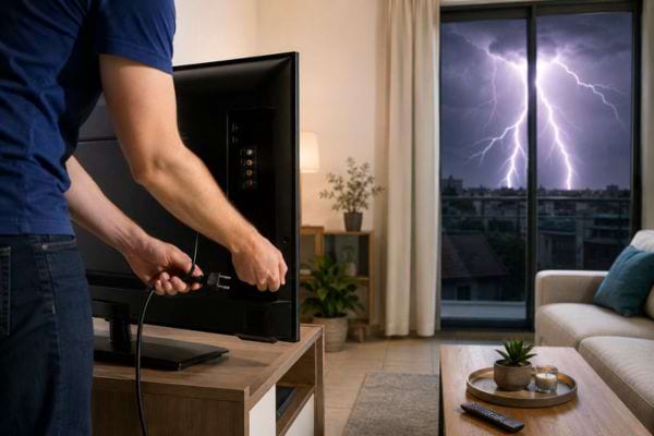 homme qui d&eacute;branche sa t&eacute;l&eacute;vision et l'antenne pendant l'orage