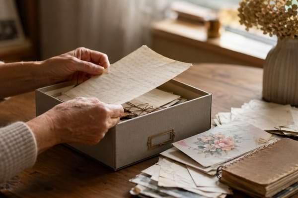 Mains rangeant des lettres manuscrites et de vieux carnets dans une boîte à souvenirs.