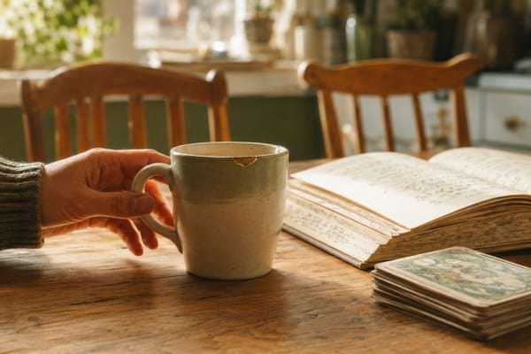 Main tenant une tasse ébréchée près d’un livre annoté et d’un jeu de cartes.