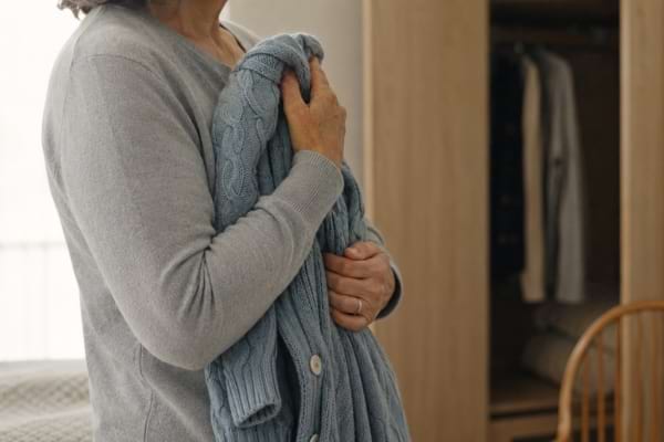 Femme serrant contre elle le gilet d’un proche disparu devant une armoire ouverte.