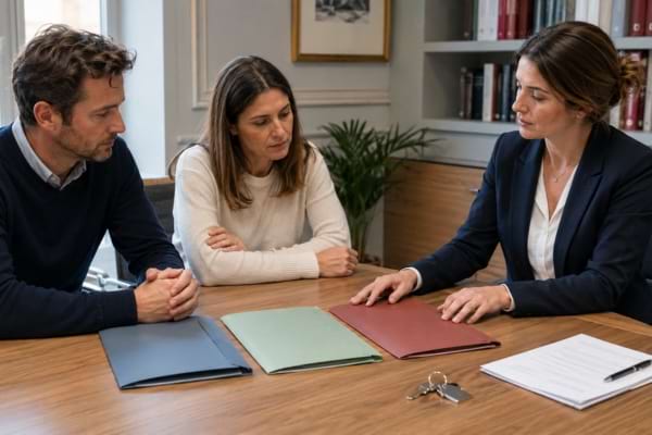 Fr&egrave;re et s&oelig;ur &eacute;tudiant trois options de succession avec une notaire.