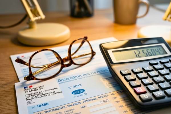 une calculatrice pos&eacute;e sur un formulaire d'imp&ocirc;t fran&ccedil;ais