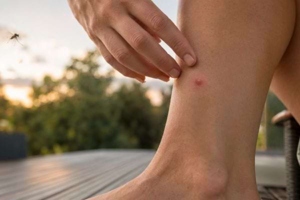 Femme retenant sa main de gratter une piqûre de moustique sur sa cheville.