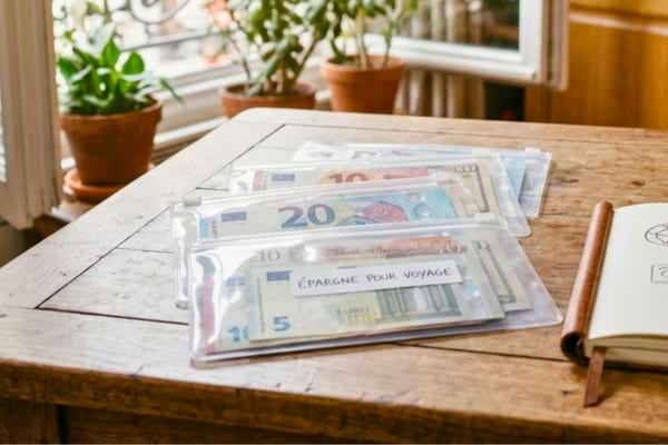 plusieurs enveloppes transparentes contenant des billets de banque,