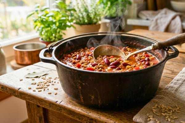 Une marmite en fonte noire contenant un chili mijoté avec des haricots rouges
