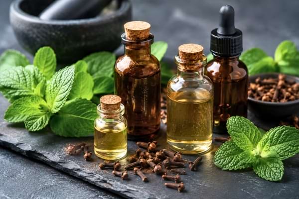 huiles essentielles entour&eacute;s de feuilles de menthe fra&icirc;che et de clous de girofle