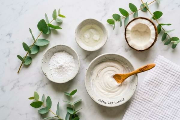 des petits bols en céramique artisanale contiennent de la poudre blanche (bicarbonate et fécule) et de l'huile de coco