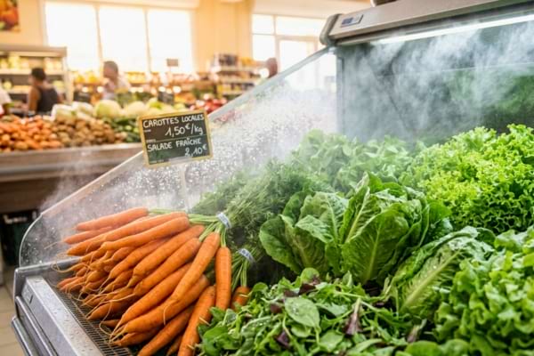 Une fine brume d'eau fraîche flotte délicatement au-dessus des légumes