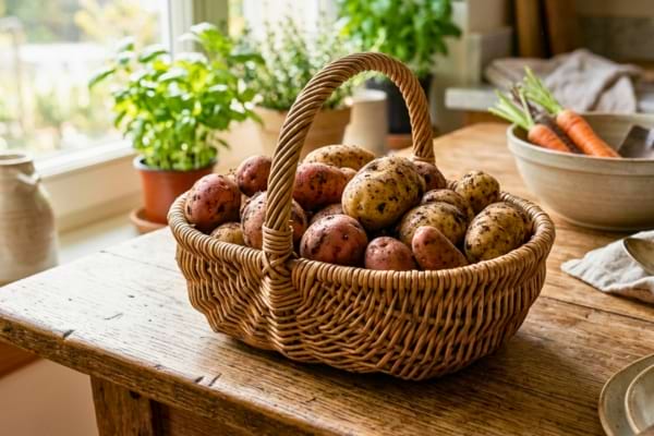 Un panier en osier rempli de pommes de terre fraîchement récoltées