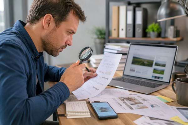 Homme examinant des documents administratifs avec une loupe devant son ordinateur