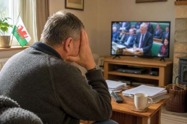 Homme inquiet regardant un débat politique à la télévision dans son salon