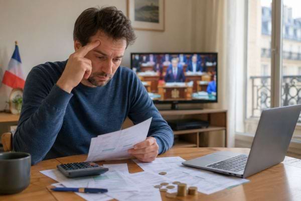 Homme calculant son budget devant des documents et un débat politique à la télévision