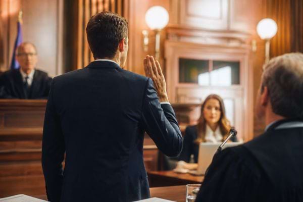Homme prêtant serment devant un juge dans une salle d’audience au tribunal