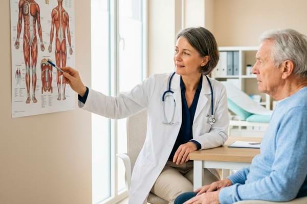 Un médecin bienveillant en blouse blanche expliquant un schéma du corps humain à un patient