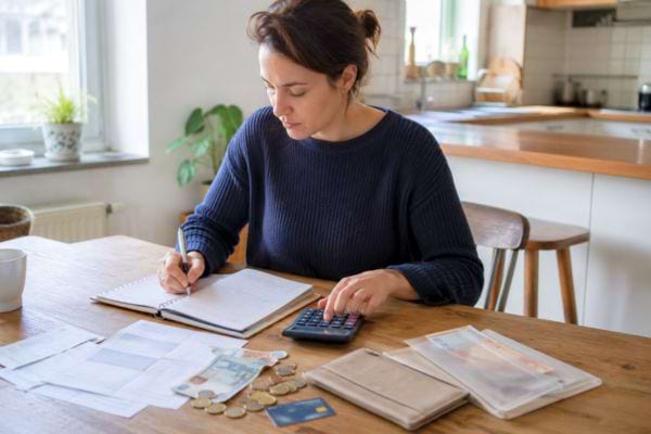 Femme calculant son budget avec des factures, de la monnaie et une calculatrice pour mieux économiser.