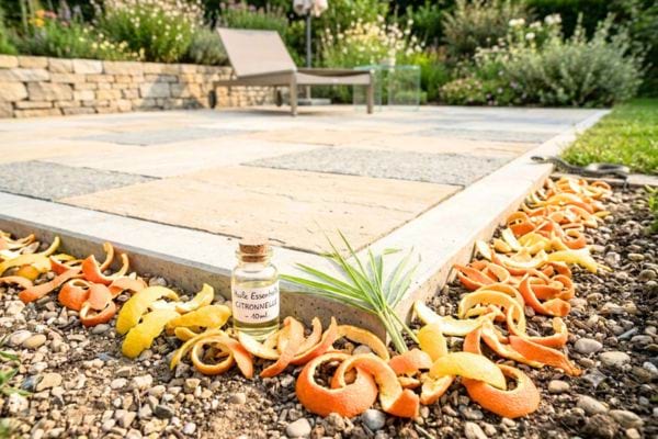 écorces d'agrume le long d'une terrasse pour éviter les serpents
