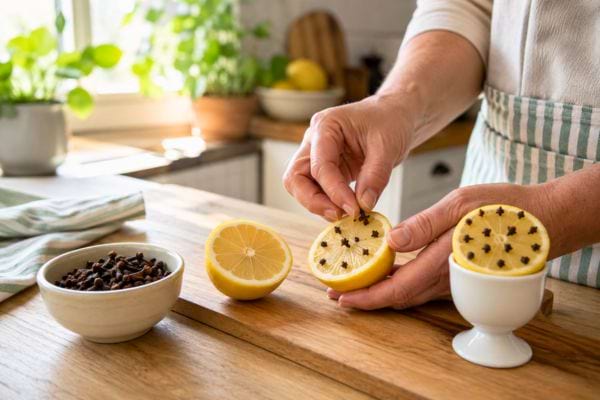 Mains plantant des clous de girofle dans des demi-citrons pour fabriquer un répulsif anti-mouches.