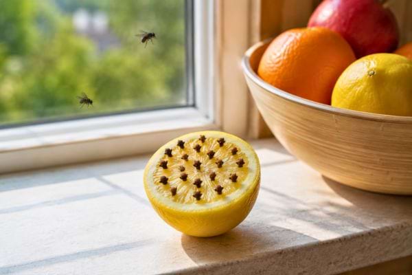 Demi-citron piqué de clous de girofle posé près d’une fenêtre pour éloigner les mouches.