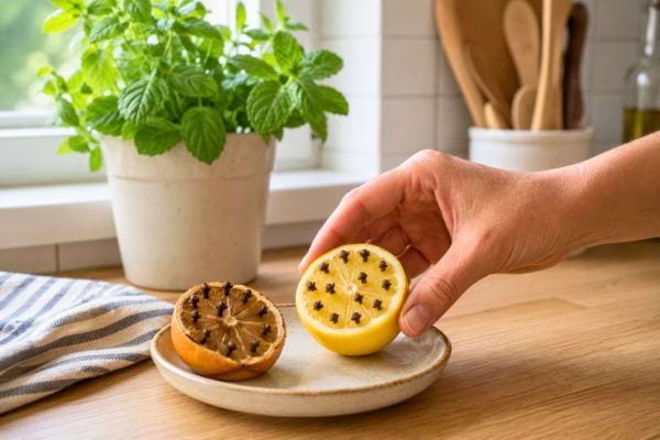 Remplacement d’un citron séché par un citron frais piqué de clous de girofle contre les mouches.