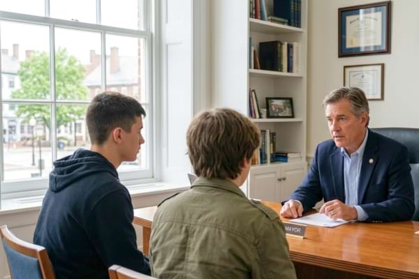 Un homme d'âge mûr discute calmement mais fermement avec deux adolescents