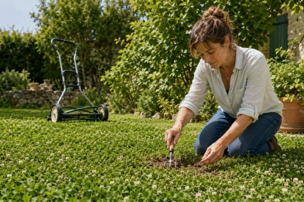 Une jardini&egrave;re r&eacute;pare une zone d&eacute;garnie dans un tapis de tr&egrave;fle blanc nain, sous un soleil lumineux.