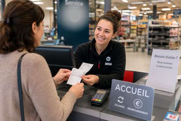 client à l'accueil d'un supermarché avec son ticket de caisse