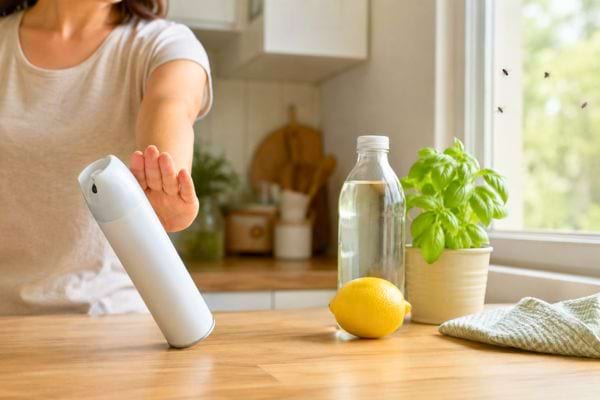 Femme repoussant les mouches avec un spray naturel au citron