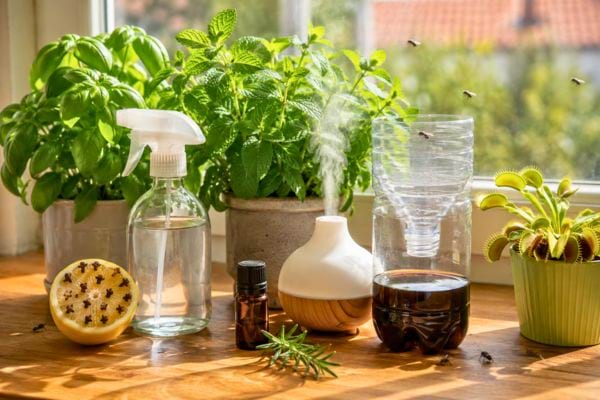 Répulsifs naturels contre les mouches sur un rebord de fenêtre