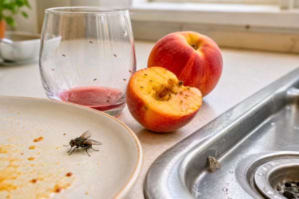Mouches attirées par des restes de fruits près de l’évier