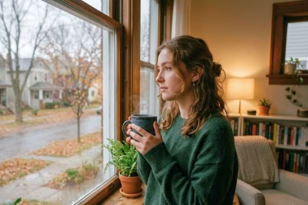 ne jeune femme pensive regardant par la fenêtre de son salon