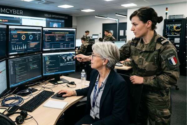 femme travaillant dans la cybersécurité des Armées avec une collègue en treillis