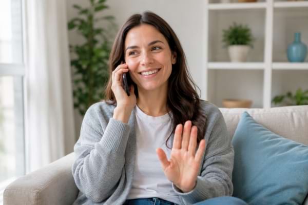 une personne souriante au téléphone faisant un geste de la main doux pour dire stop