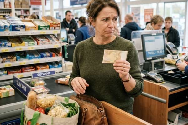 une personne tenant un billet de 50 euros d'une main hésitante à la caisse d'un supermarché