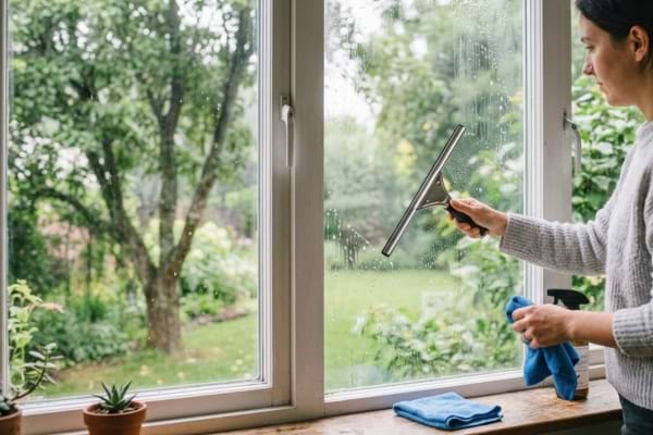 a large modern window on a bright but cloudy day, using a professional squeegee