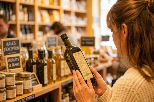 une personne de dos tenant une bouteille d'huile d'olive en verre foncé dans un rayon d'épicerie