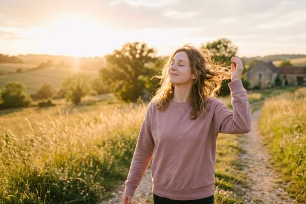 une femme épanouie marchant dans la nature au coucher du soleil